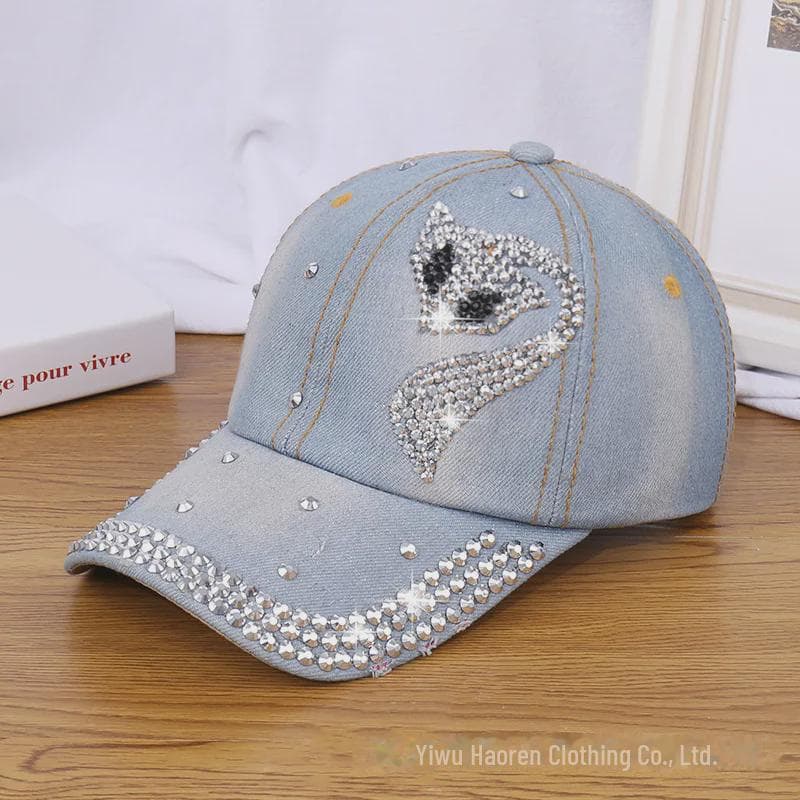 Women's Rhinestone Denim Baseball Cap - Paris Lettering Sun Hat Adjustable