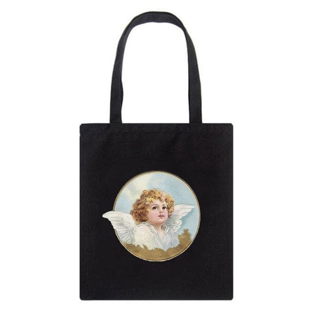 Fiorucci Letter Angel Cartoon Casual Vintage Large-capacity Fashion Harajuku Canvas Bag Hip Hop Shopping Bag Women Shoulder Bags 24*26cm