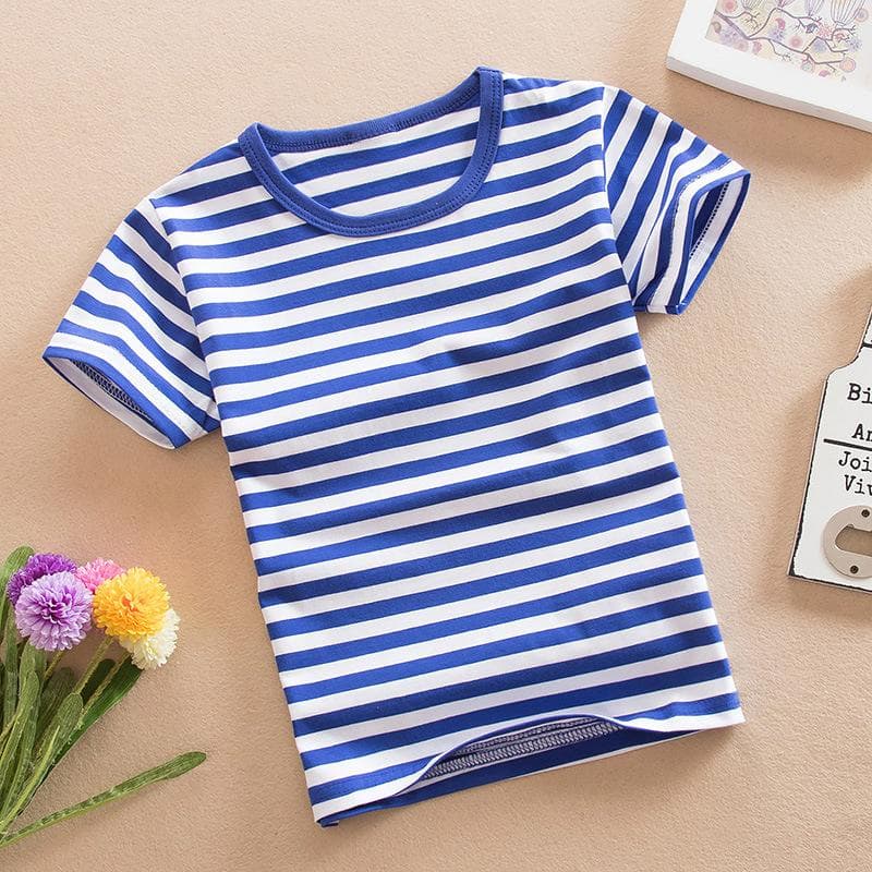 Summer Boys and Girls Baby Children's Clothing Pure Cotton Short-sleeved T-shirt Navy Style Children's Striped Student Half-sleeve 100cm blue