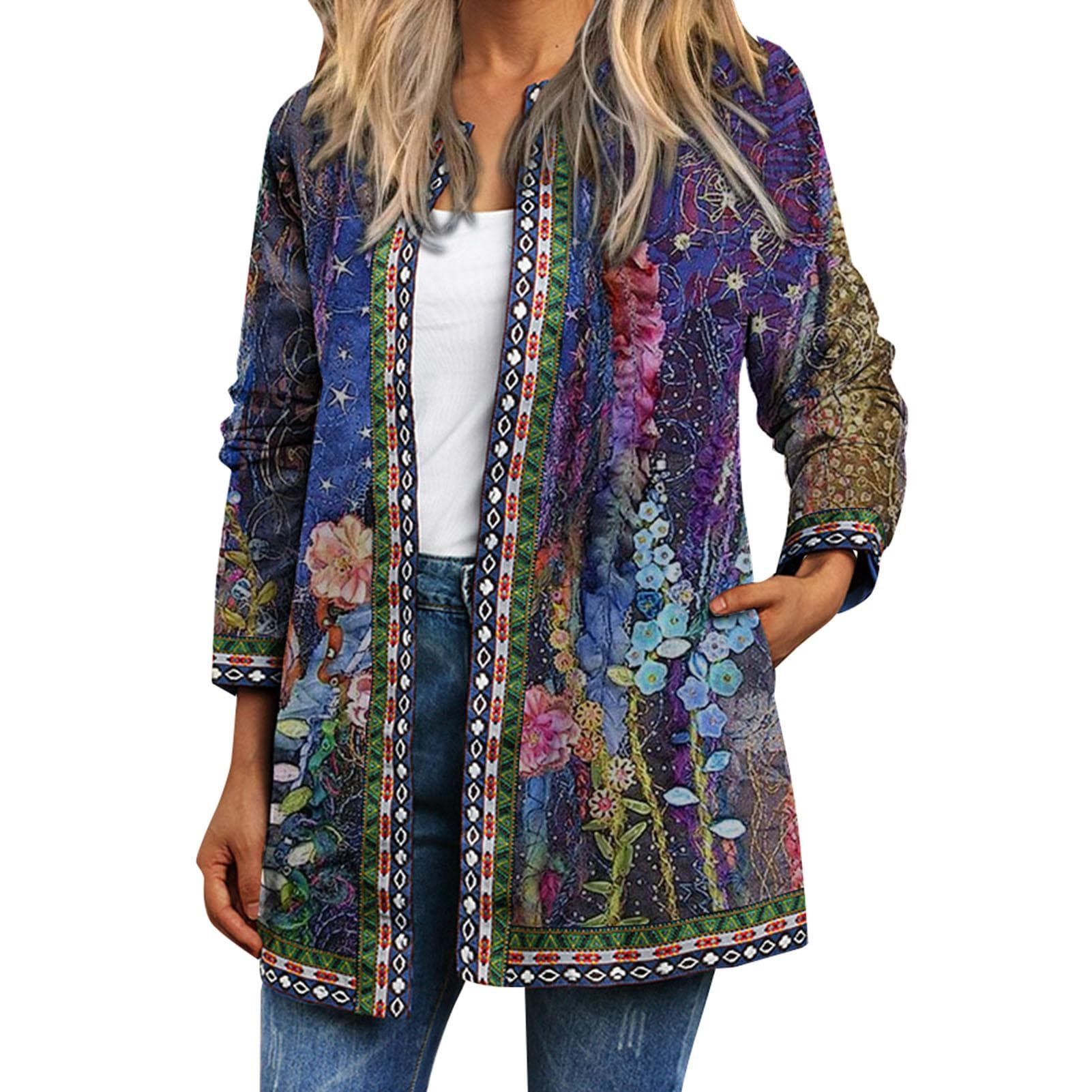 Vintage Women Print Cardigan Long Sleeve Pocket Loose Casual Jacket Coat Outerwear Large blue