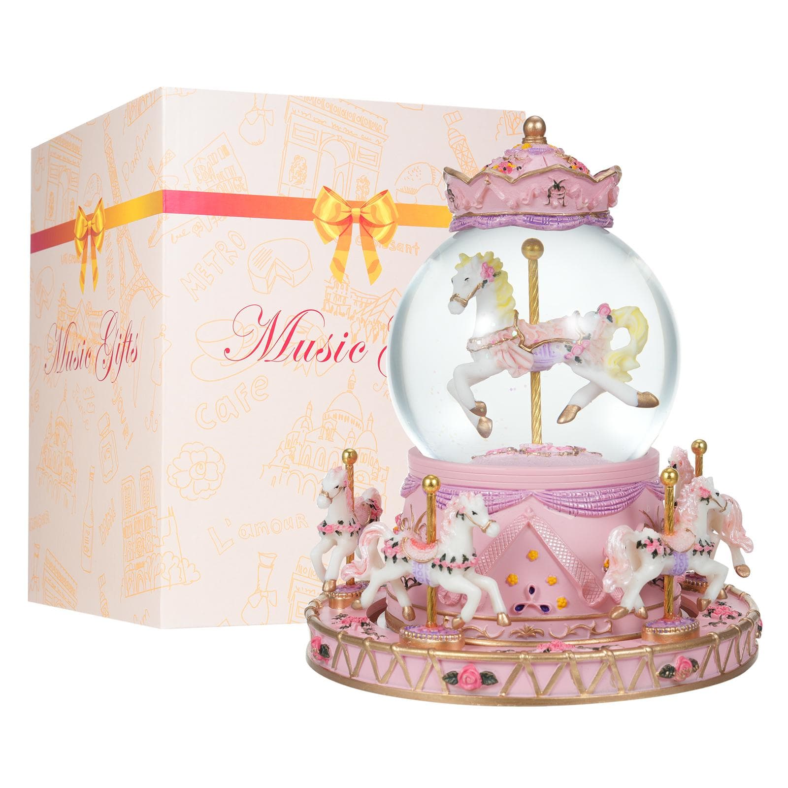 Rotating Carousel Music Box Crystal Ball Light-up Snow Globe Wind-up Musical Box Colorful Lights Cut pink 8 Horses pink 6 Horses