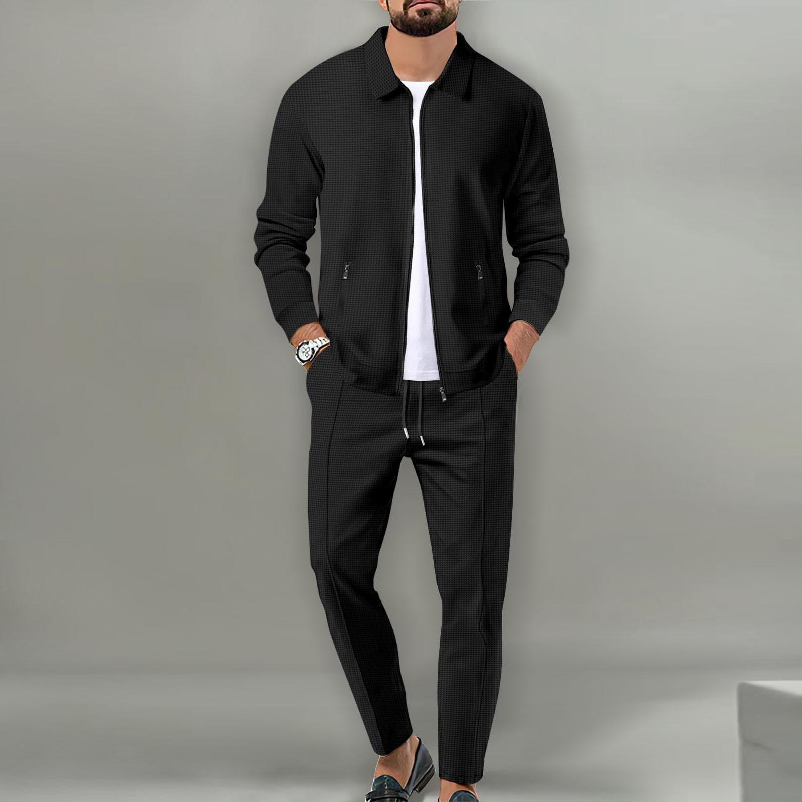 Men's Casual Blazer Set Fashion Waffle Baseball Suit Round Neck Pocket Zipper Long Sleeve Trousers Two-piece Set XXL black