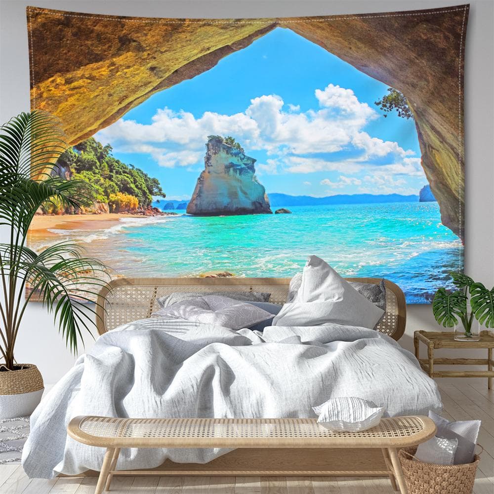 Cave Reef Sea View Tapestry Wall Hanging Natural And Minimalist Scenery Bohemian Art Modern Style Home Decor 95x73CM
