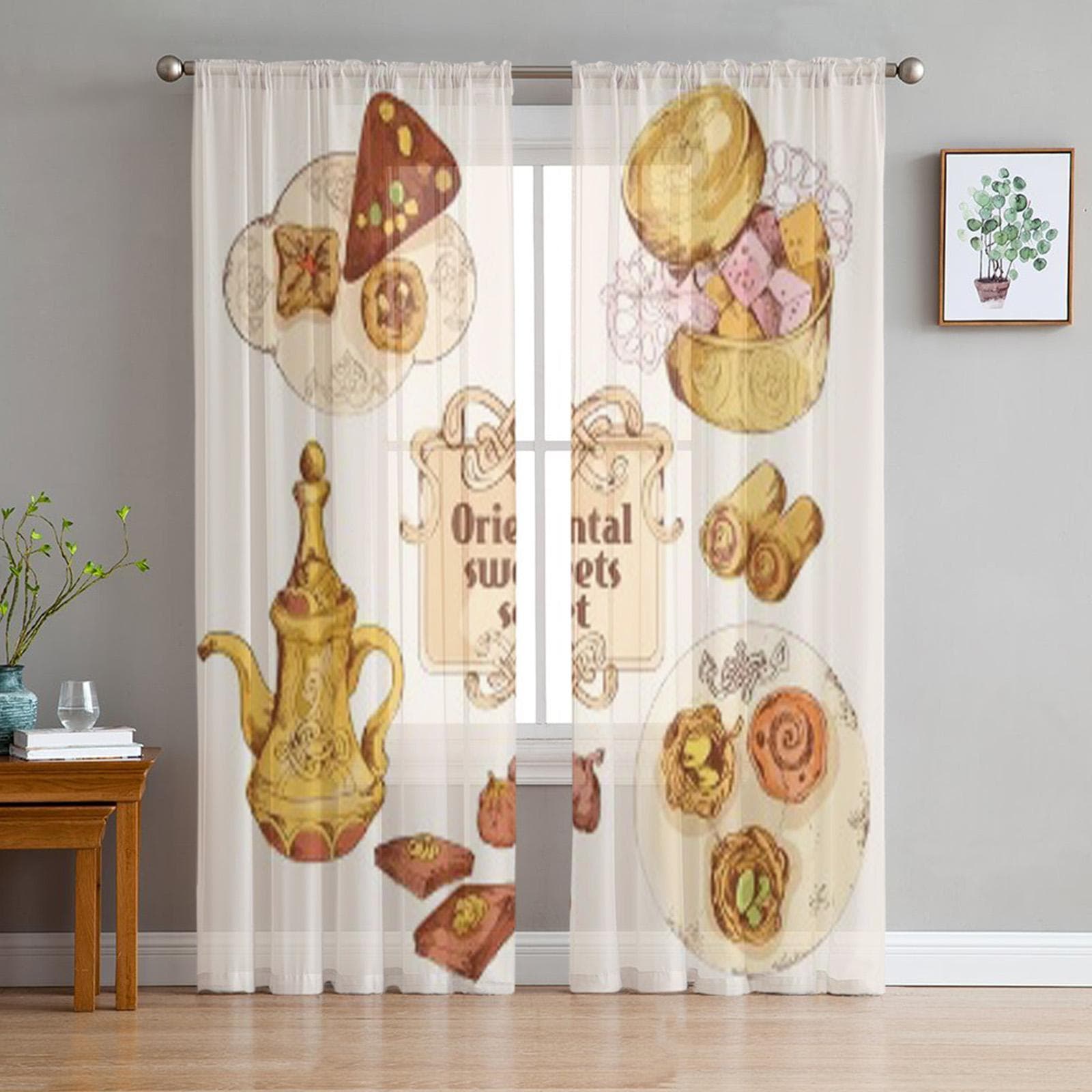 Oriental Arabian Turkish Pastry Colored Sweet Dessert Chiffon Sheer Curtains for Living Room Bedroom Window Voiles Tulle Curtain 135W x 114H(cm)