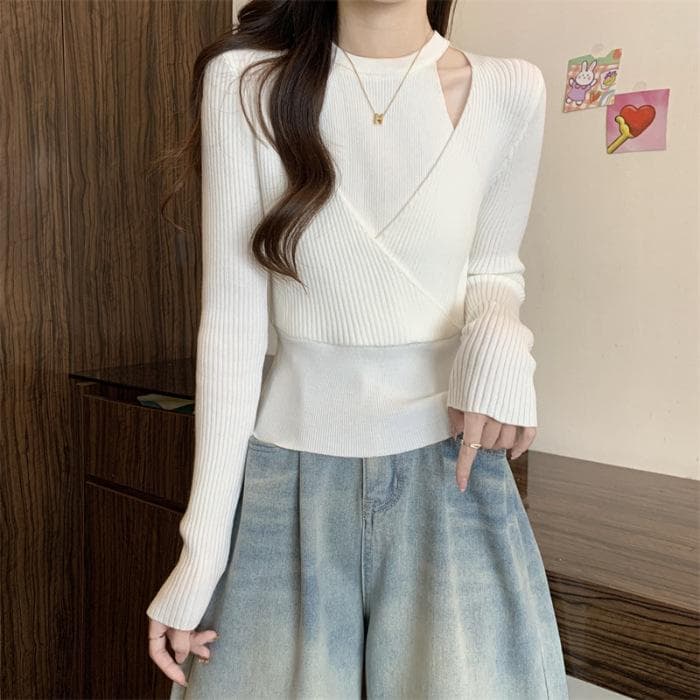 Fake Two Hanging Neck Knitted Bottom Shirt for Women In Spring and Autumn Slim Look Chic Chic with Sweater Long-sleeved Blouse One size
