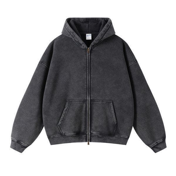 Retro Batik Washed Oversized Hoodie with Zipper S black