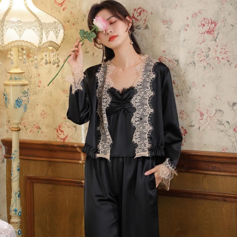 New Pajamas Suspenders Long-sleeved Cardigan Trousers Pajamas Set Women's Satin Home Wear Three-piece Princess Style Pajamas XL