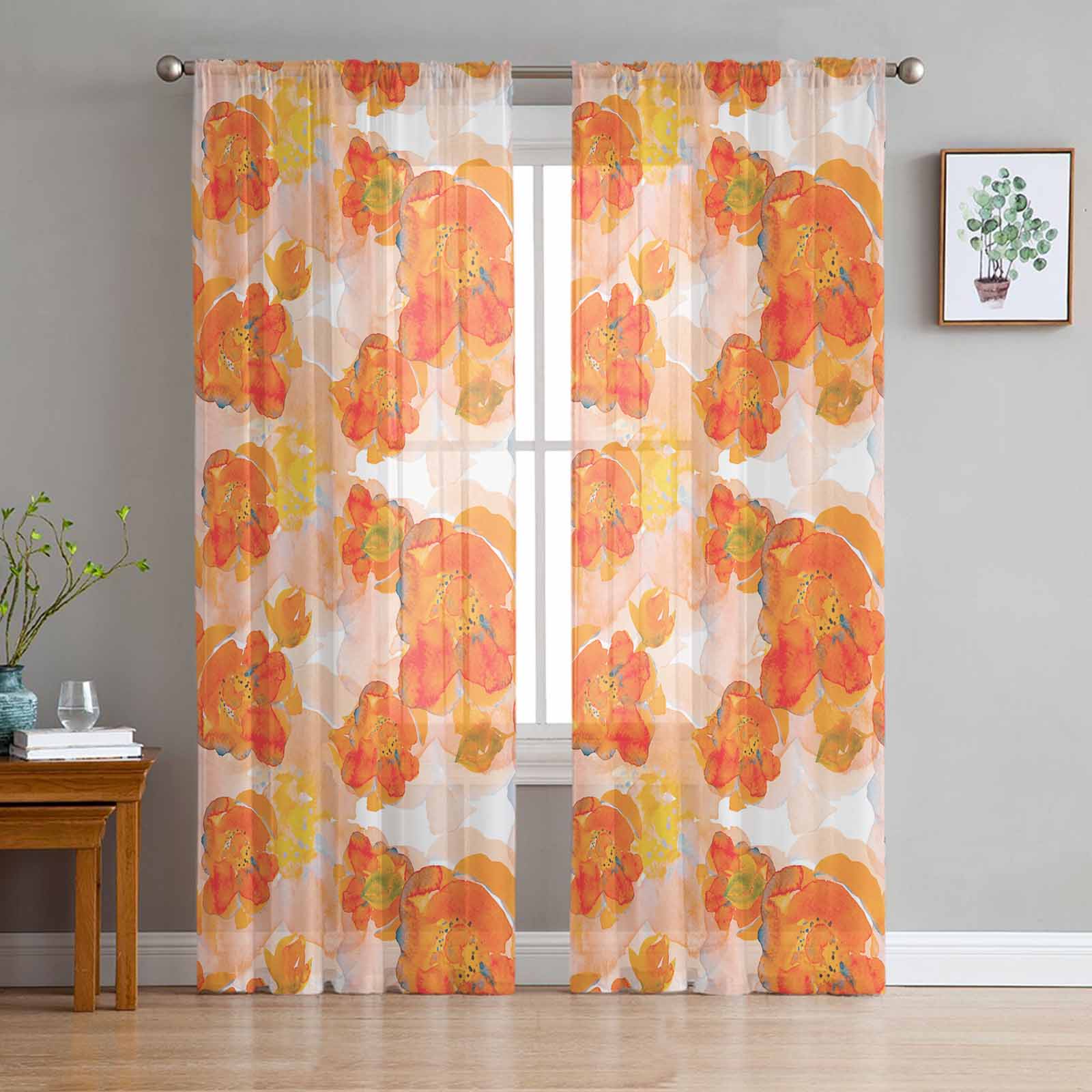 Hand Painted Orange Watercolor Flowers Tulle Window Curtains for Bedroom Luxury Home Decor Drapes in Living Room Chiffon Panels 135W x 114H(cm)