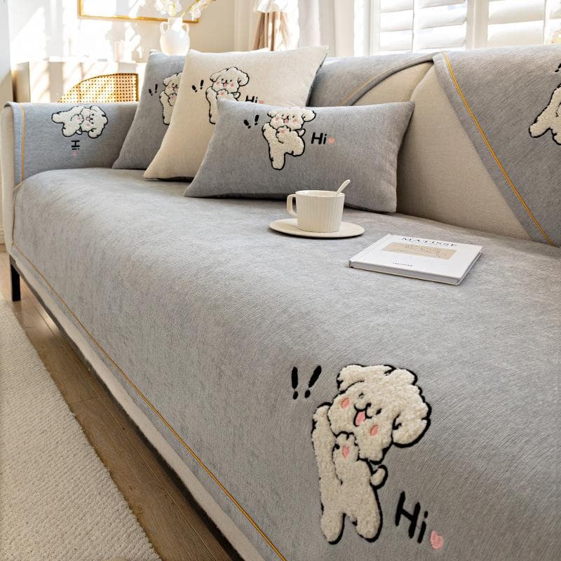 Nordic Cartoon Dog Chenille Sofa Mat Non-slip Sofa Towel Couch Cushion Cover Four Seasons Universal Simplicity Couch Slipcovers 70x70cm 1pcs