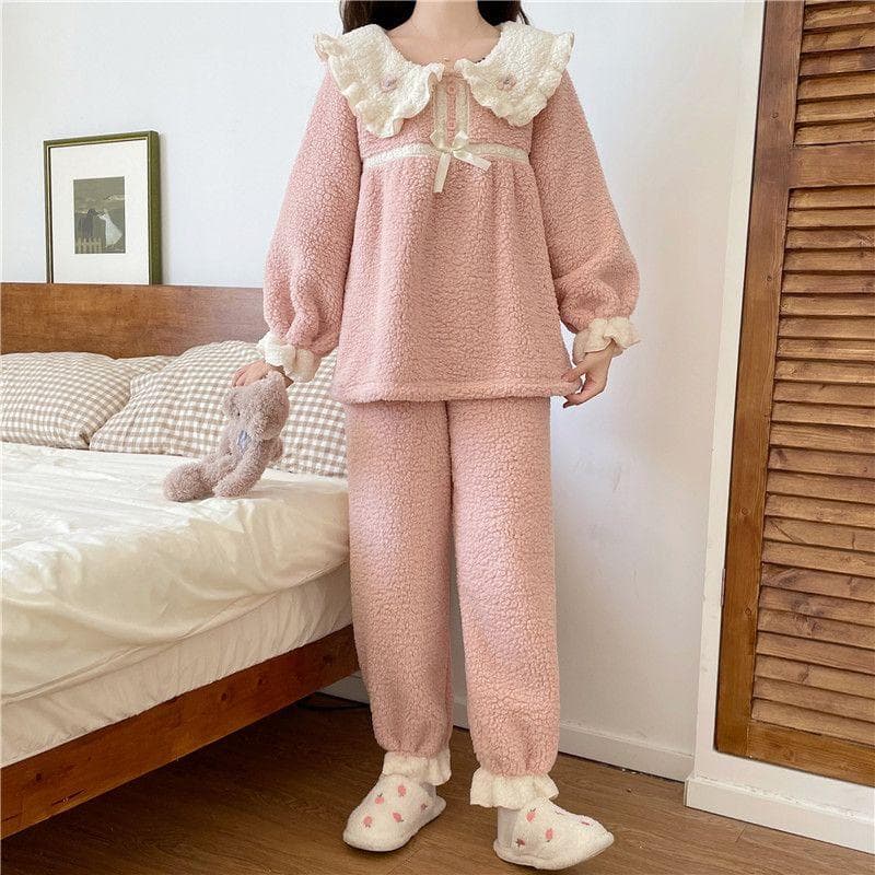 Korean Style Cute Pajamas Set for Woman Winter Warm Soft Sweet Doll Collar Pink Blue Sleepwear Girl Long Sleeve Homewear PJ Suit XL pink