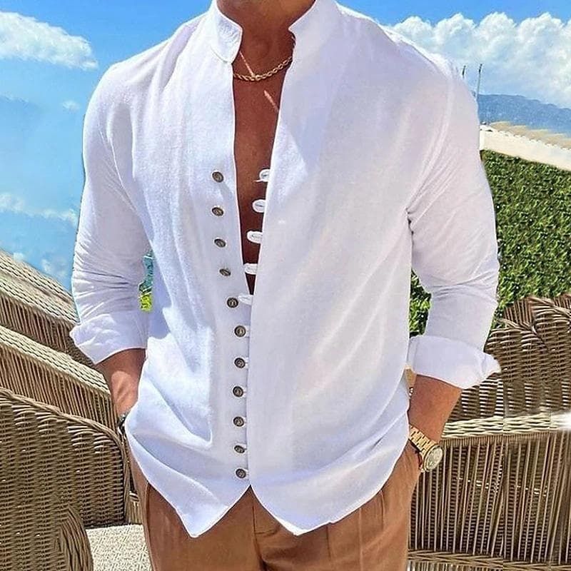 Long Sleeve Men Solid Color Buttons Up Stand Collar Shirts Mens Spring Fall Tops White Black Cotton Linen Shirt Man XL white