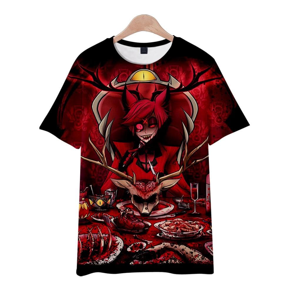 Hazbin Hotel Anime Women Men's T-shirts Graphic Shirt Cartoon Printed O-Neck Oversized Short Sleeves Fashion Mens Clothing Streetwear XXXXL wine red