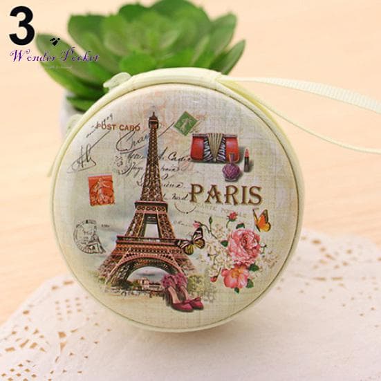 Portable Lovely Round Wallet Cartoon Eiffel Tower Earphone Key Holder Case Bag green
