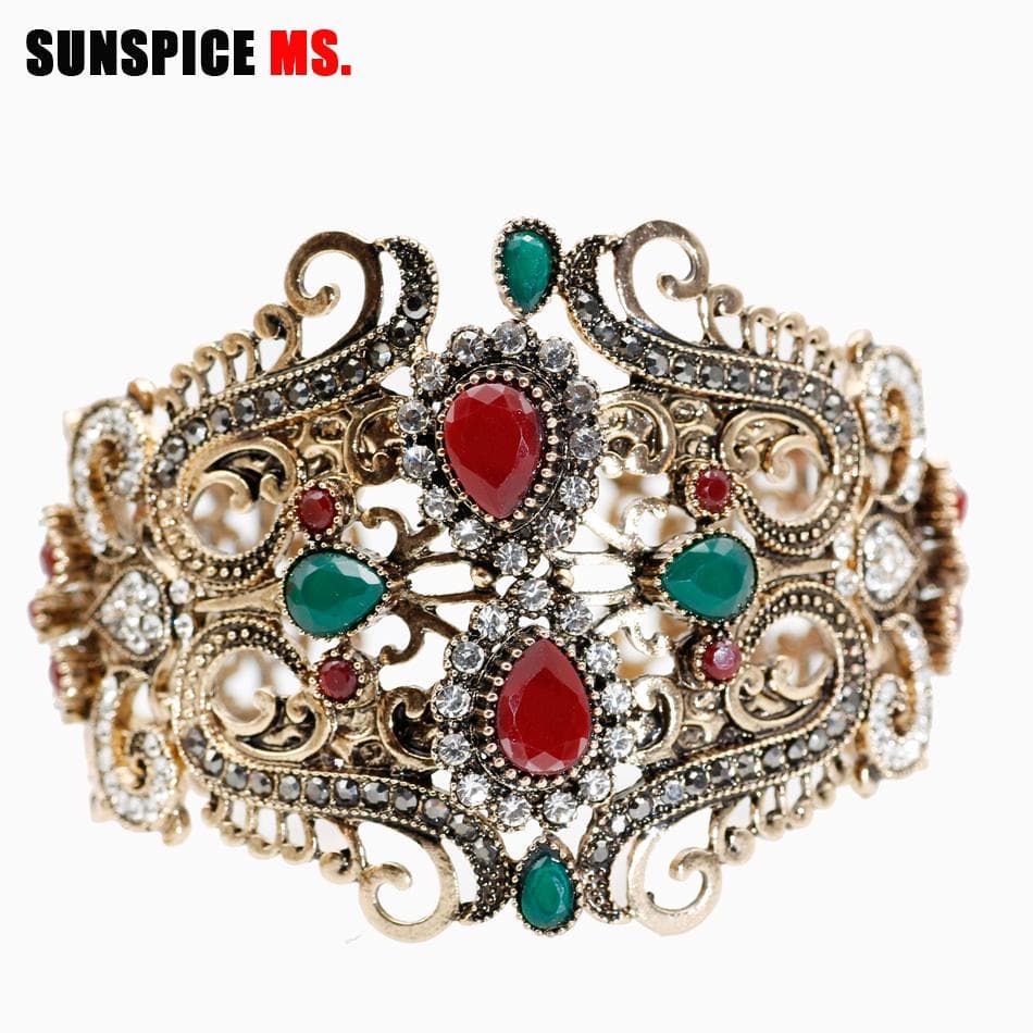 Turkish Women Broadside Bangles Cuff Bracelets Free Size Antique Gold Color Resin Jewelry red