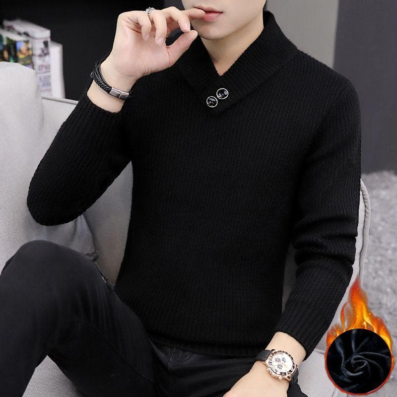 Men's Pullover Knitted Jumper Autumn and Winter Small Lapel Bottoming Shirt Plus Velvet Thickened Solid Colour Men Sweater XXL
