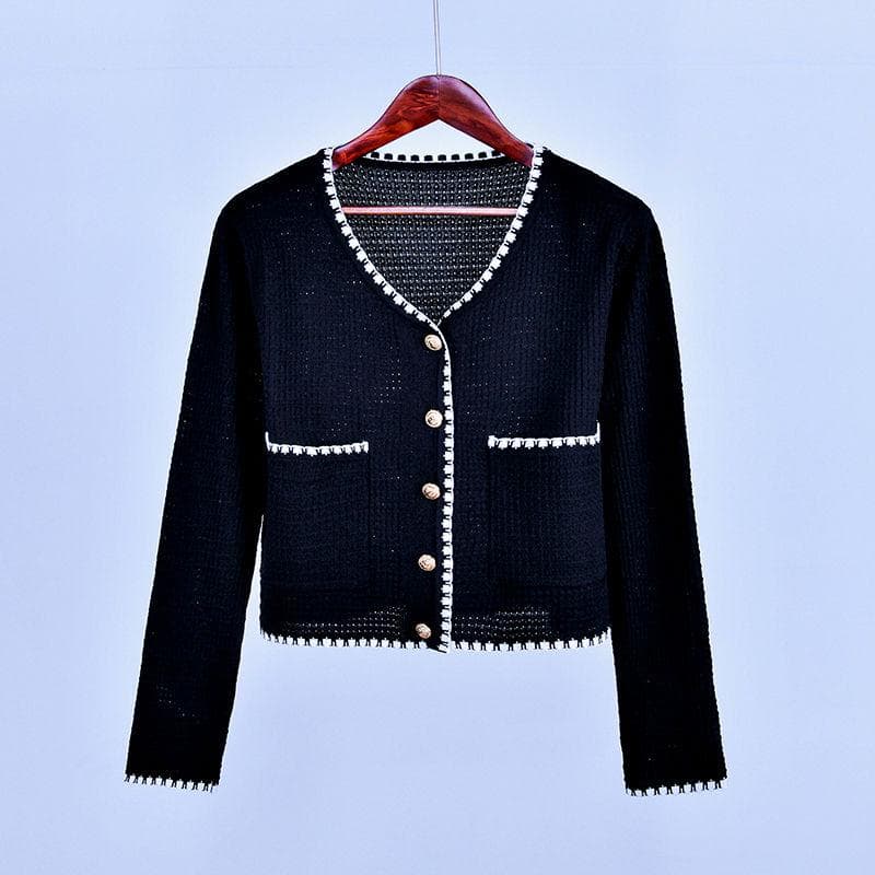Knitted Cardigan Sweater with Pocket V-neck Long Sleeve Cardigan Hollow Knitwear Jacket Women's Fall Winter Sweater Short M black