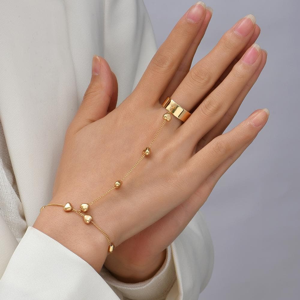 Simple Heart Pendant Chain Bracelet Link Connected plated Wide Finger Ring Bracelets for Women Link Hand Harness Jewelry