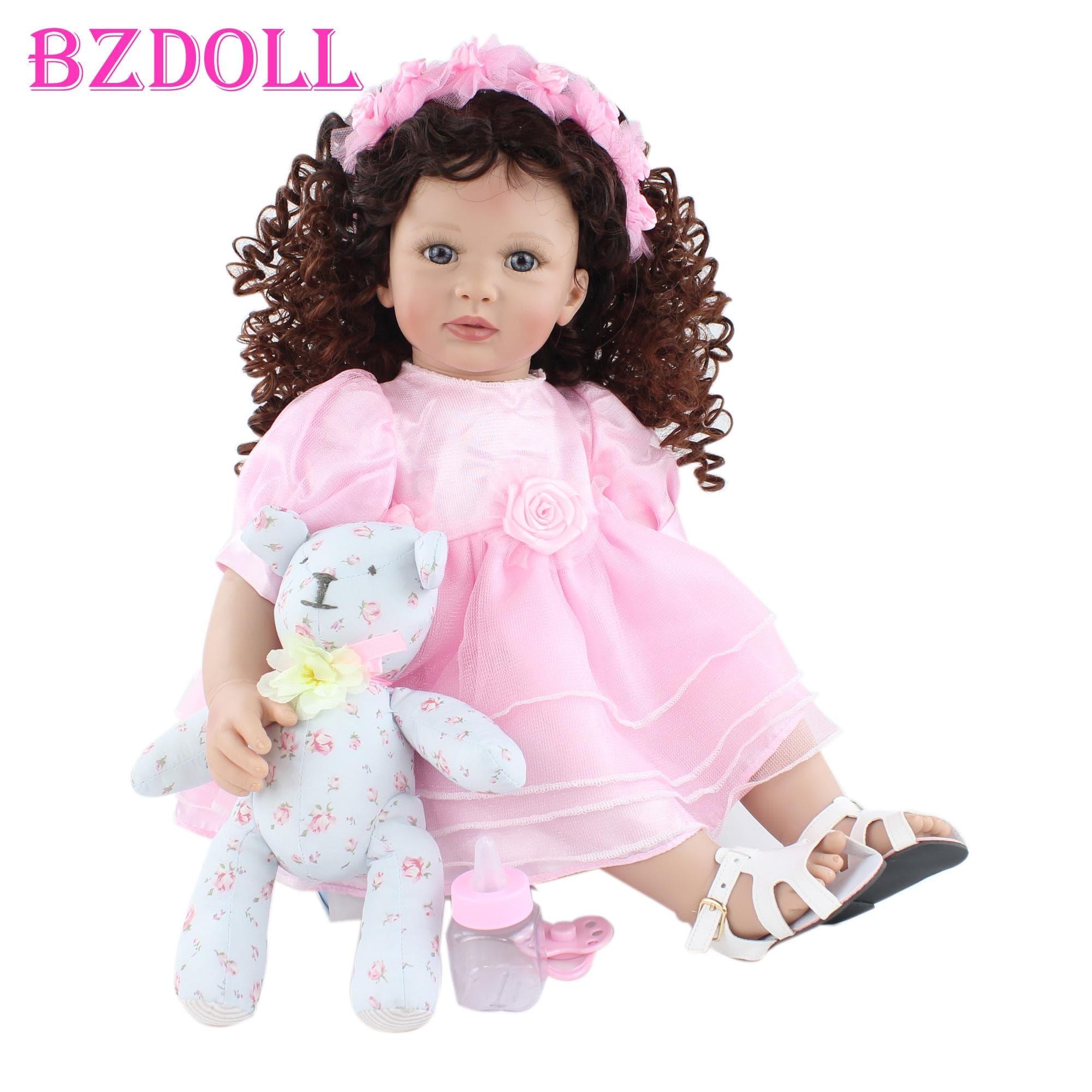 BZDOLL 60cm Soft Silicone Reborn Toddler Doll For Girl Cloth Body Pink Dress Princess Baby Lovely Kids Birthday Gift Play House Toy Blue eyes, 60cm doll