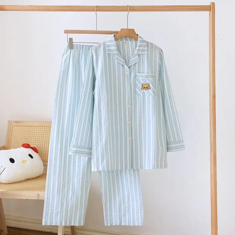 New Spring and Summer Women's Striped Pajamas Set 100% Cotton Long-sleeved Trousers Two-piece Set Thin Home Wear M