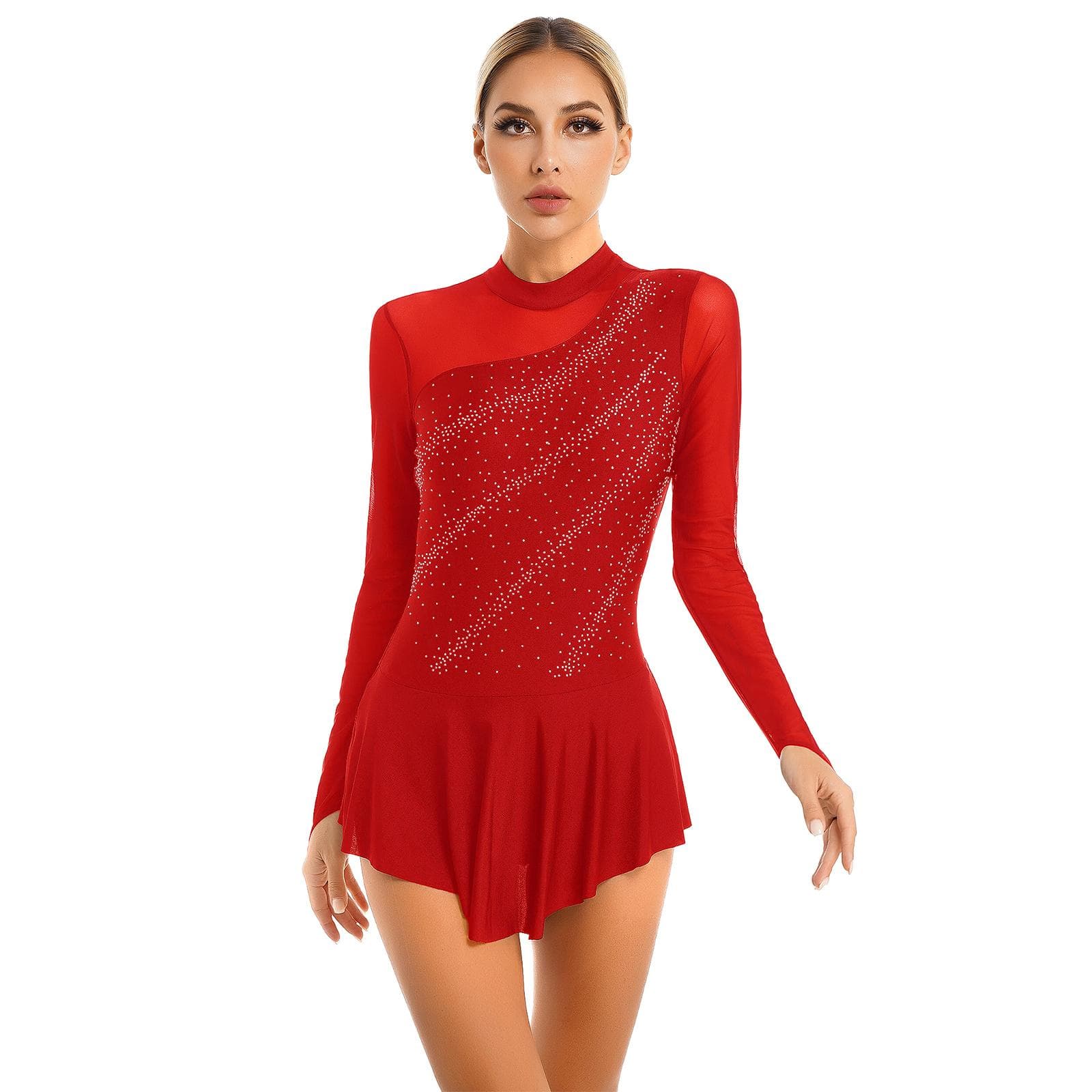 Women's Figure Ice Skating Dress Long Sleeve Shiny Rhinestones Roller Skating Lyrical Dance Costume S red