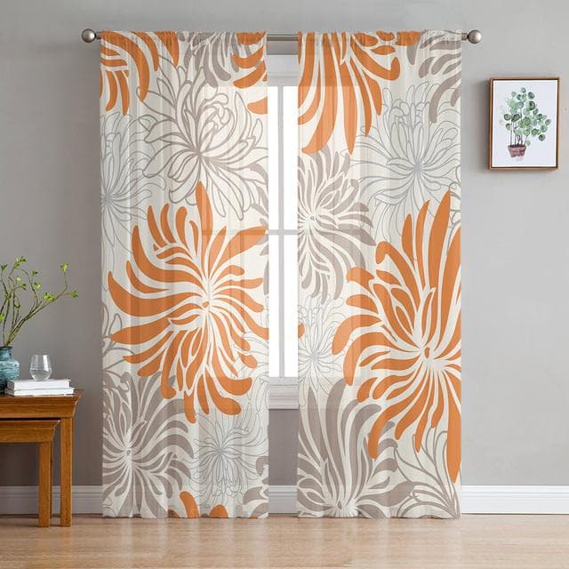 Grey Chrysanthemum Texture Retro Floral Tulle Curtains Kitchen Door Curtain Chiffon Sheer Voile Curtains For Living Room Bedroom 1 PCS W100XH250cm