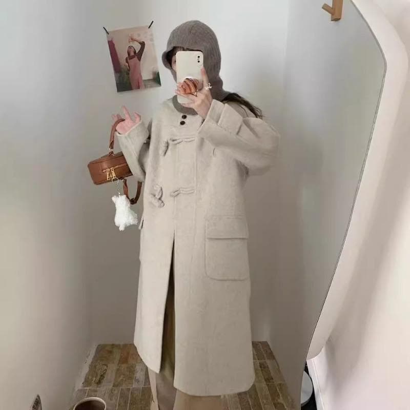 Korean Style Hooded Double-sided Wool Coat Long Autumn and Winter Warm Winter Wool Horn Button Coat for Women M