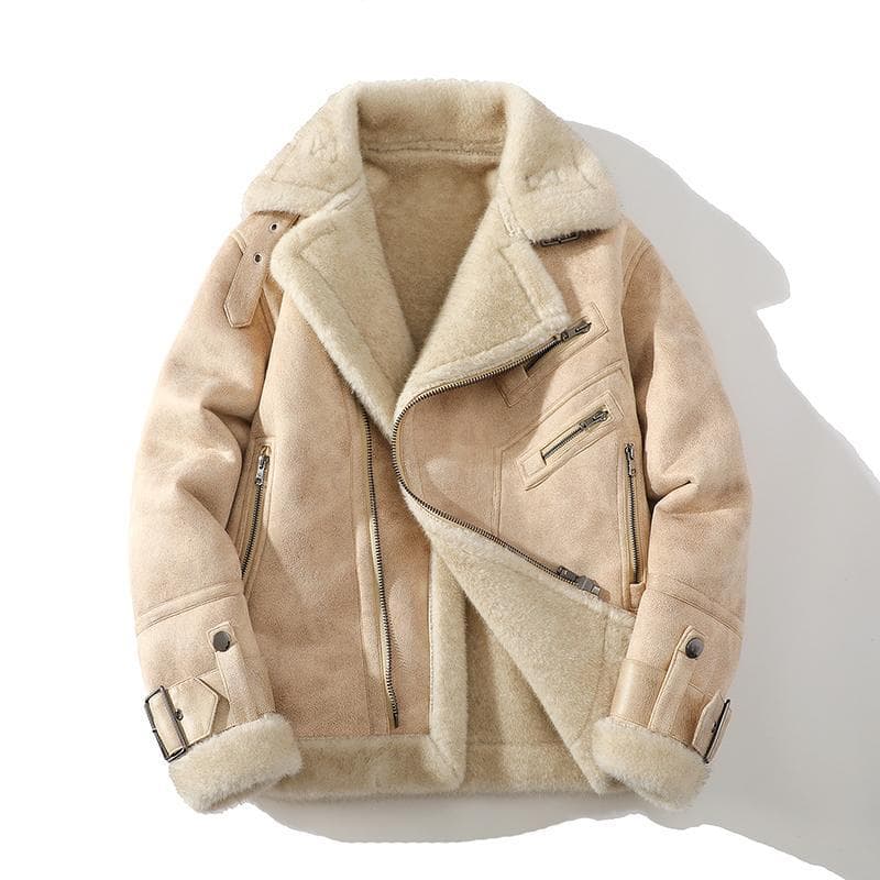 Men's Loose Large Size Fur One Padded and Thickened Warm Lapel Casual Jacket XL beige