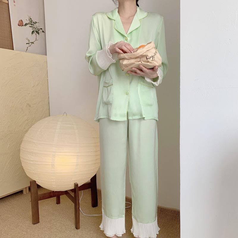 Sweet Print Love Doll Collar Sleepwear Femlae Pajamas Set Spring Autumn Loose Satin Long Sleeve Trouser Pijamas Suit Home Wear XL