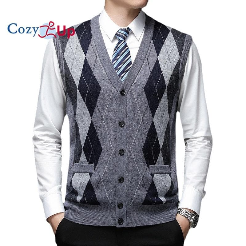 Cozy Up Men's Sweater Vest Cardigan Button Front Knitwear Contrast Color Argyle Sweater Vest M light grey