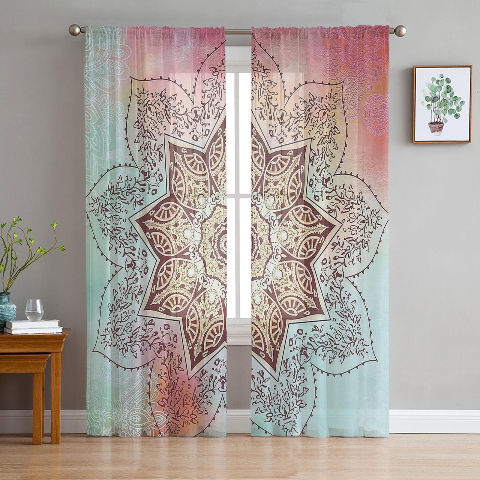 Tulle Curtains Mandala Vintage Flower Boys And Girls Bedroom Sheer Hanging Curtain Living Room Kitchen Gauze Curtain 135W x 114H(cm)