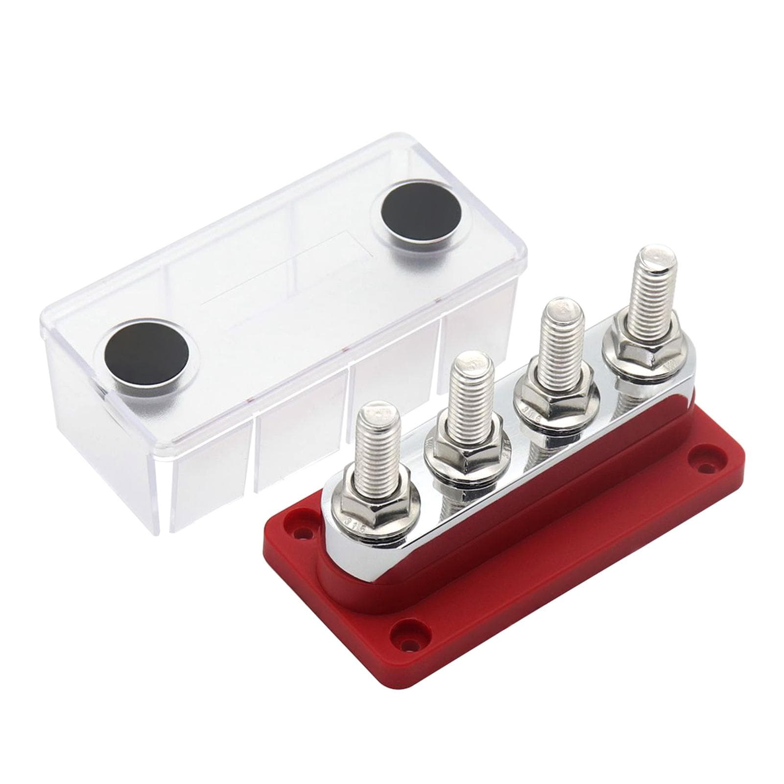 600A Power Distribution Block Bus Bar 4 x 3/8 Posts 48V DC Busbar Box red