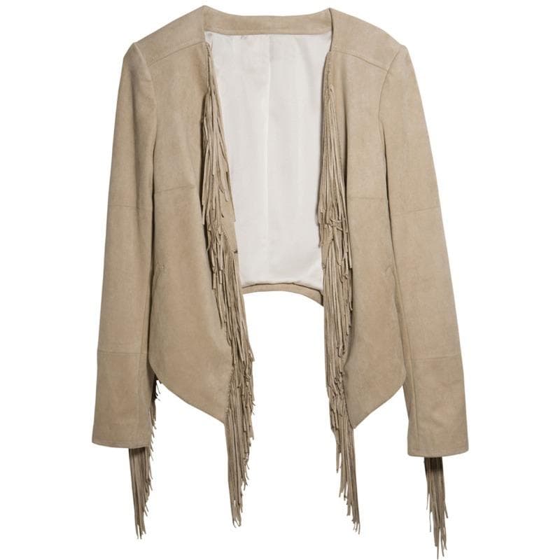 Short Suede Leather Jacket Fringed Punk Jacket for Women L beige