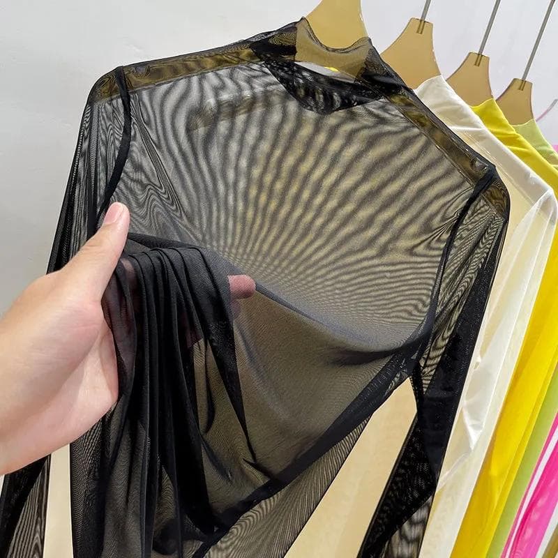 Perspective Transparent Mesh Bottom Shirt Women's Summer Long Sleeve Blouse Solid Gauze Sunscreen Clothing Ultra-thin Half High Collar Top XL black