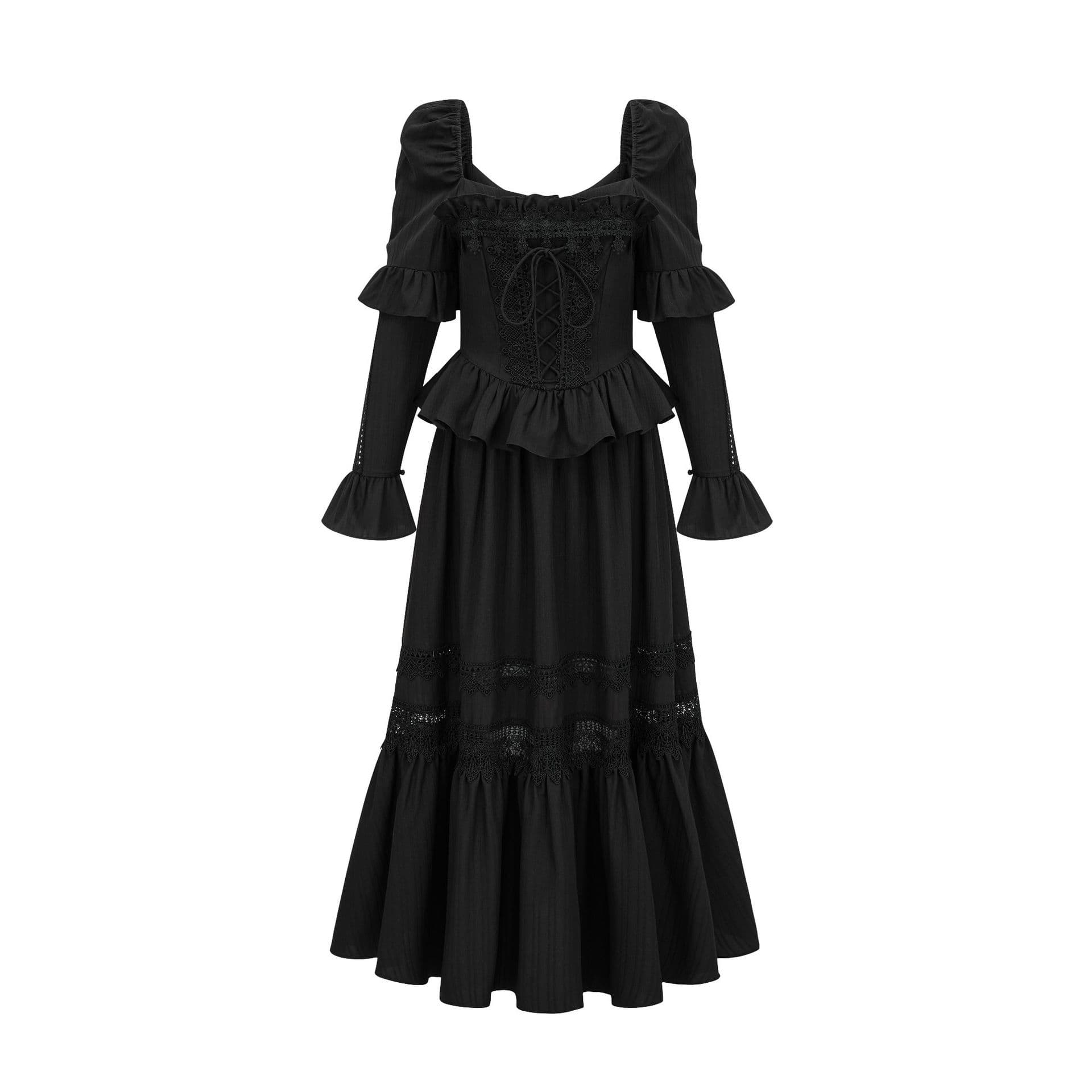 Square collar temperament long sleeves waist thin dress XL black