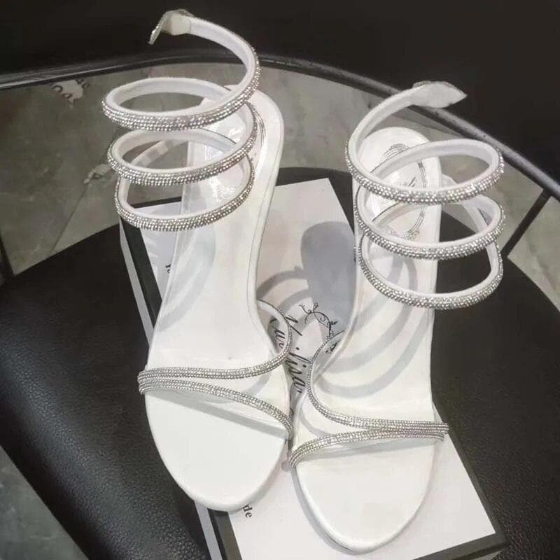 Eilyken Ankle Strap Open Toe Woman Sandals Design Sexy Crystal Rhinestone Thin High Heels Fashion Pumps Party Prom Shoes 37 white