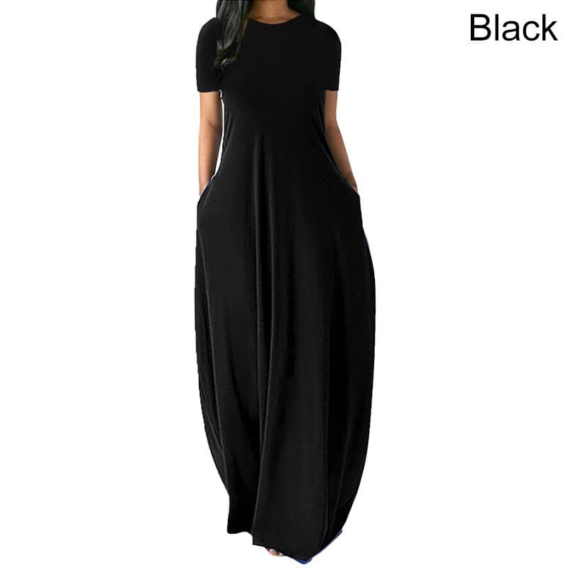 Women Casual Loose O-Neck Long Dresses Short Sleeve Summer Beach Dress Elegant Evening Party Dress 4XL black