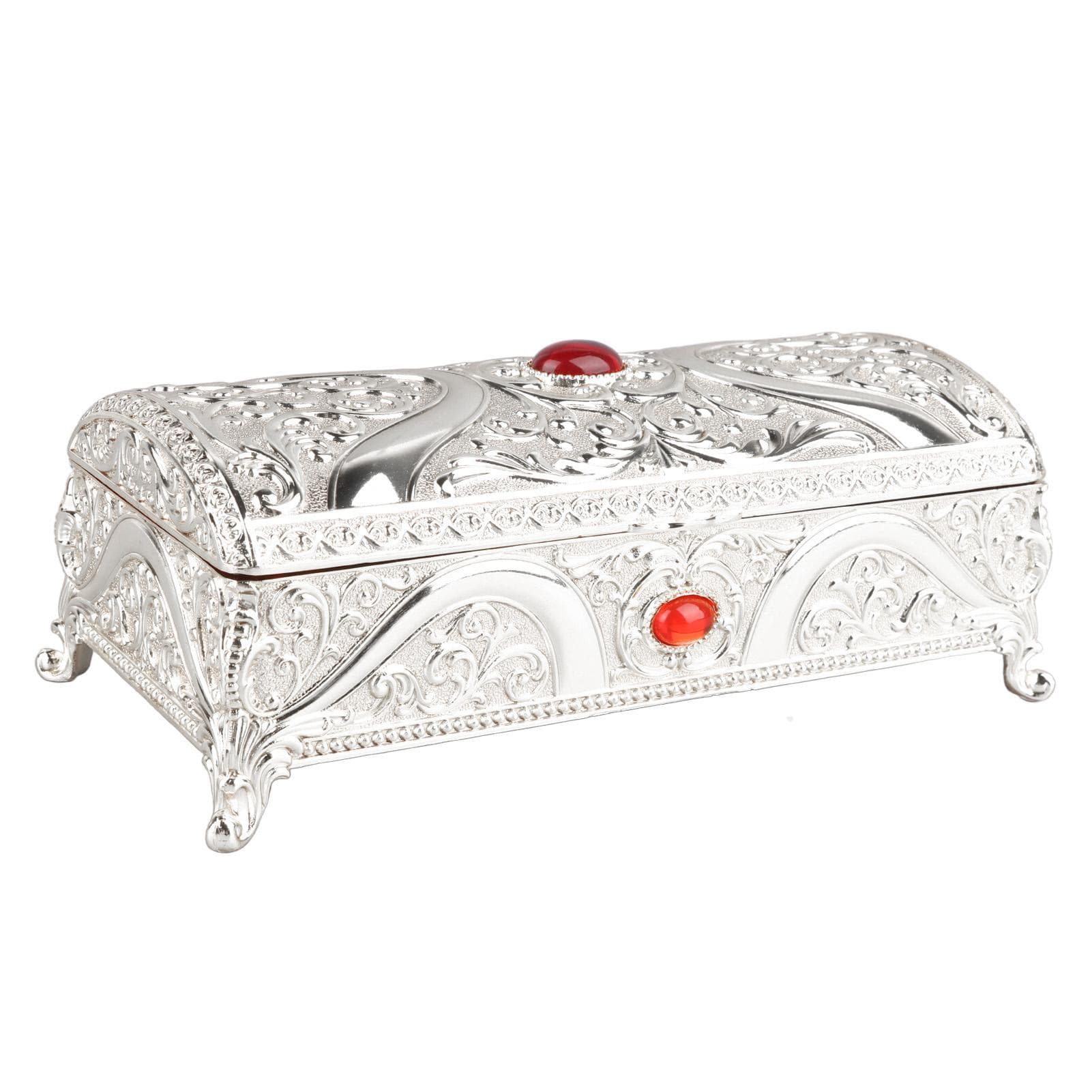 Vintage Metal Jewelry Box Rectangle Delicate Pattern Trinket Box with Soft Velvet for Rings silver