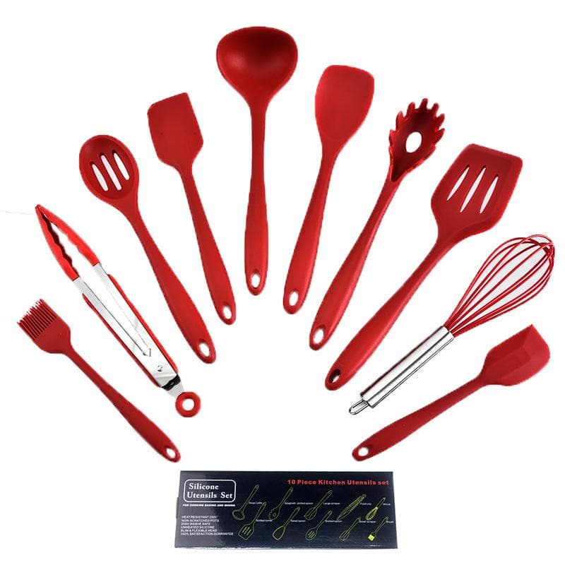 10 Pieces Kitchen Utensil Tools Set Silicone Tongs Spatula Spoons Shovel Brush Whisk red