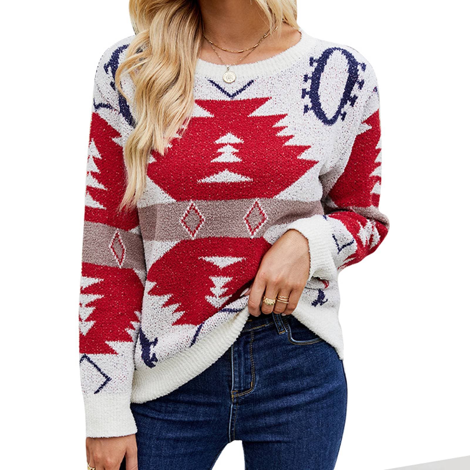 Women Christmas Pullover Sweater Crew Neck Long Sleeve Loose Fit Color Blocking Knitted Top Grey XL M apricot