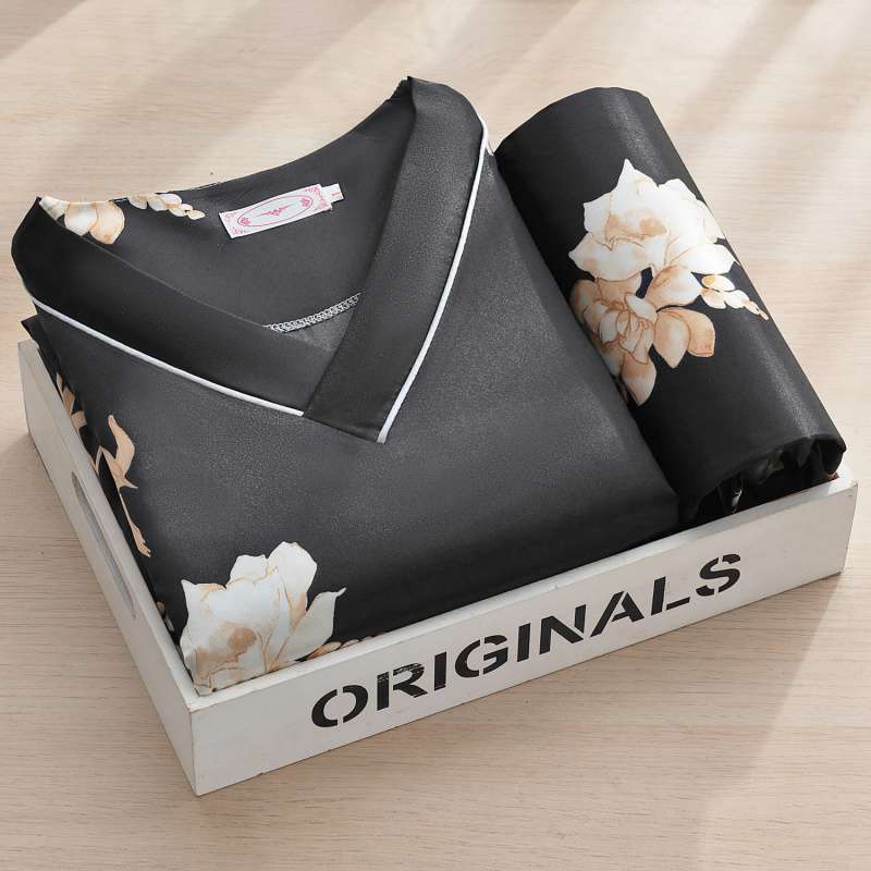 Summer Nightgown Thin Short-sleeved V-neck Ice Silk Pajamas Korean Sweet Two-piece Loungewear Sleepwear M black