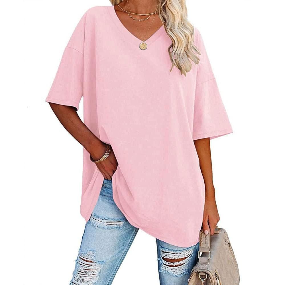 Summer Women's T-shirt Casual Solid Color V-Neck Large Size Loose Short Sleeve Top XL pink