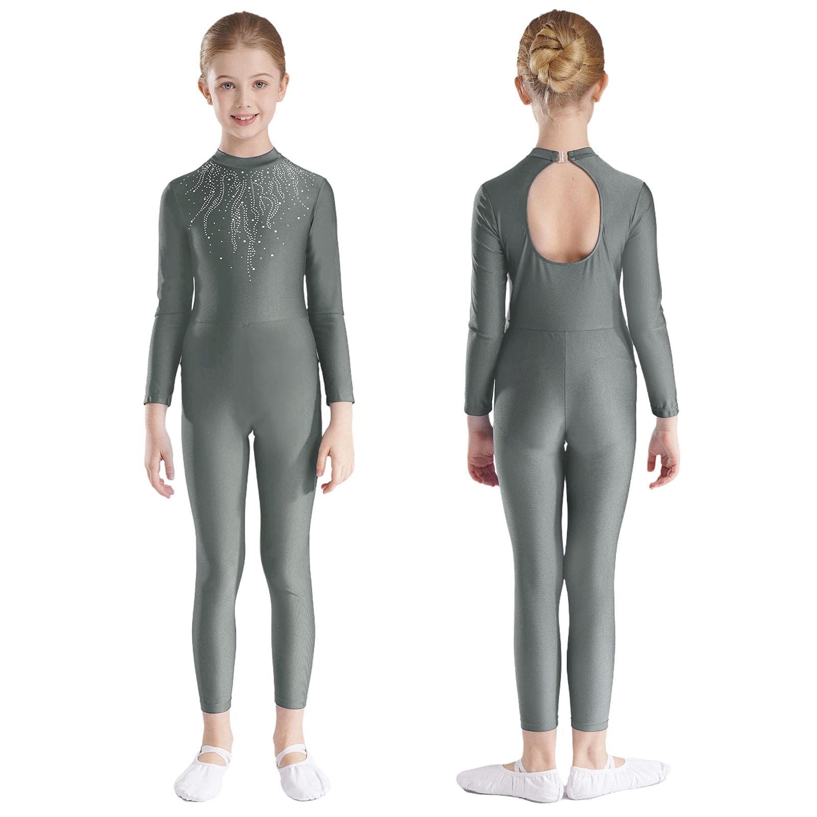 Girls shiny Rhinestones Gymnastics Jumpsuit Keyhole Back Ballet Jersey Jazz Dance Leotard Figure Skating Unitard Dancewear 9-10 Years gray