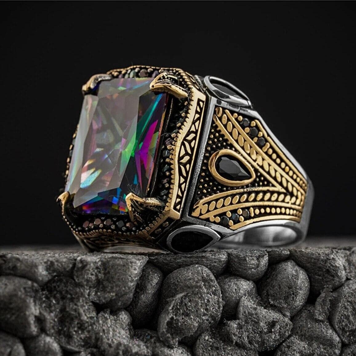 Retro Handmade Turkish Signet Rings For Men Ancient Silver Color Carved Scorpion Animal Rings Yellow Zircon Inlay Muslim Rings 10
