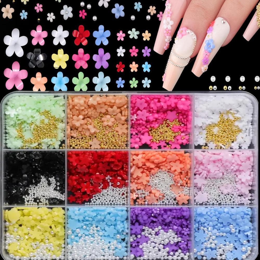 12 Grids/box Colorful Mini Flower Nail Charms 3D Acrylic Floral Nail Art With Pearls Golden Silvery Nail Beads Nail Decoration For Manicures