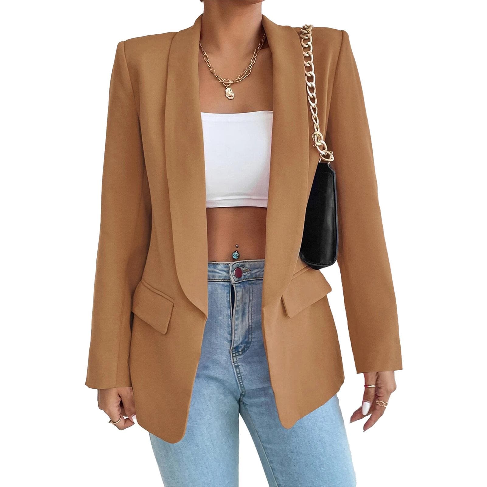 Woman Turn Down Collar Suit Coat Flap Pocket Buttonless Long Sleeve Fashion Pure Color Suit Coat XL yellow