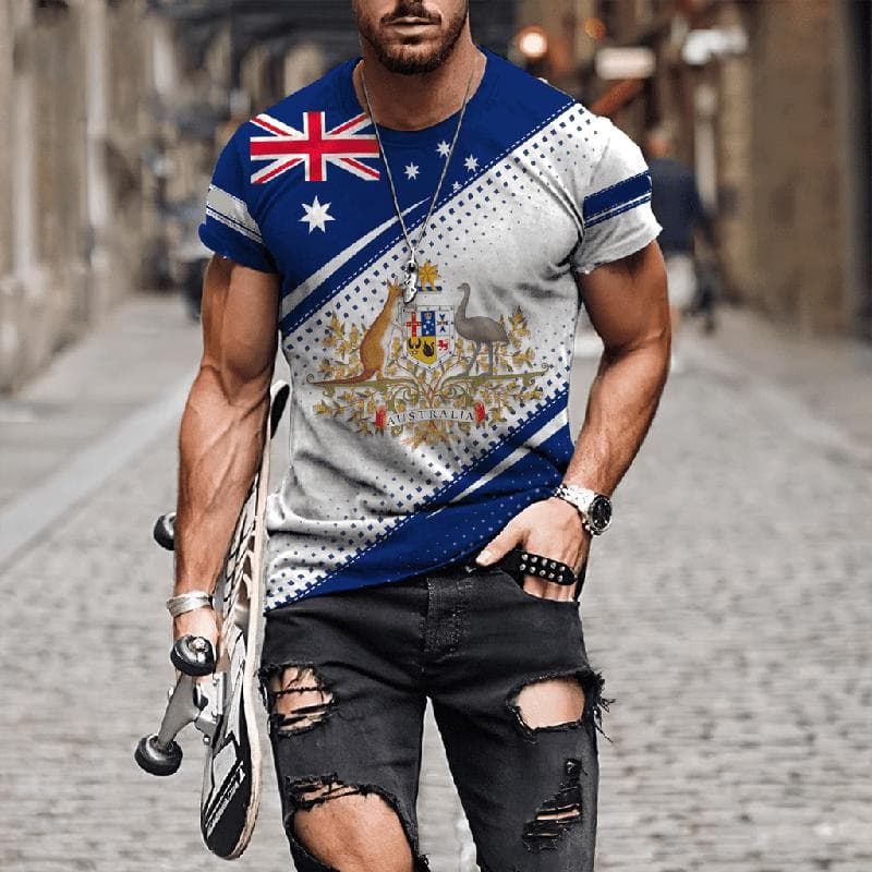 Australian Flag Kangaroo Aboriginal Painting 3D Printed Summer Men's Short-Sleeved Round Neck Daily Comfortable Outdoor T-shirt 6XL
