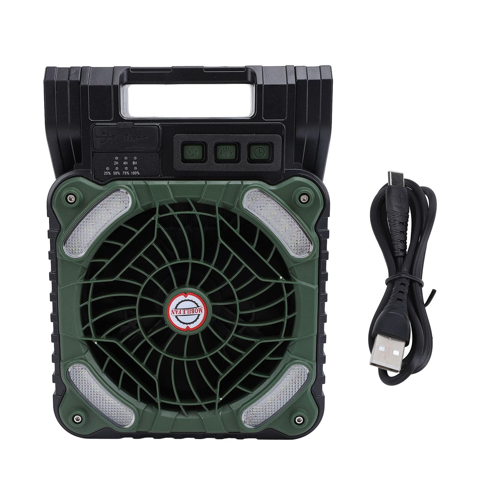 Solar Powered Camping Fan Strong Wind USB Rechargeable Battery Operated Folding Portable Camping green