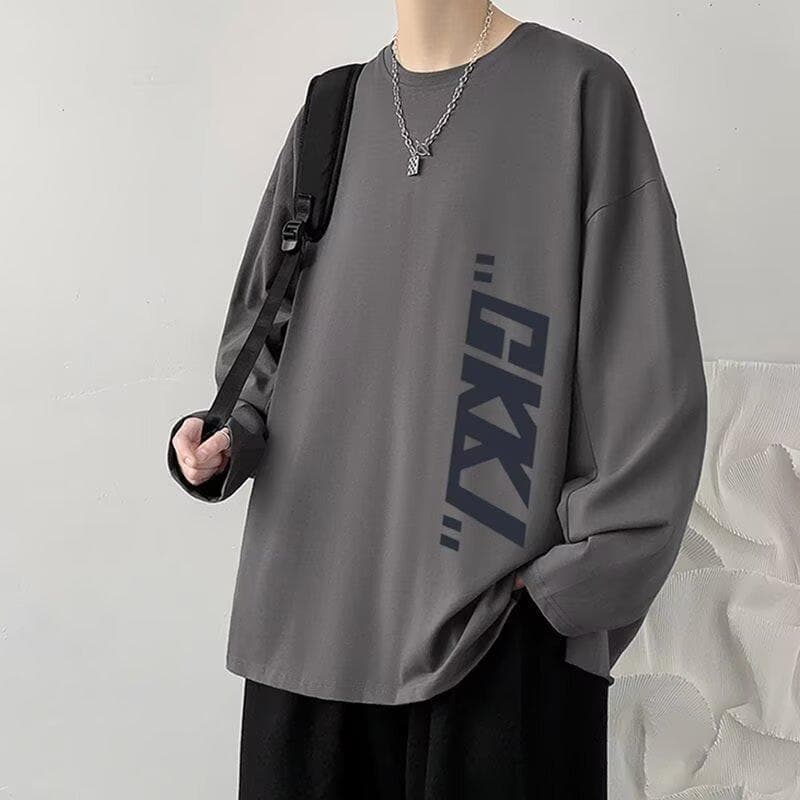 2024 Men's Long-Sleeved T-shirt Autumn Undershirt Long Sleeve Cotton Autumn Hong Kong Style Printing Loose Trendy Top 8XL dark gray