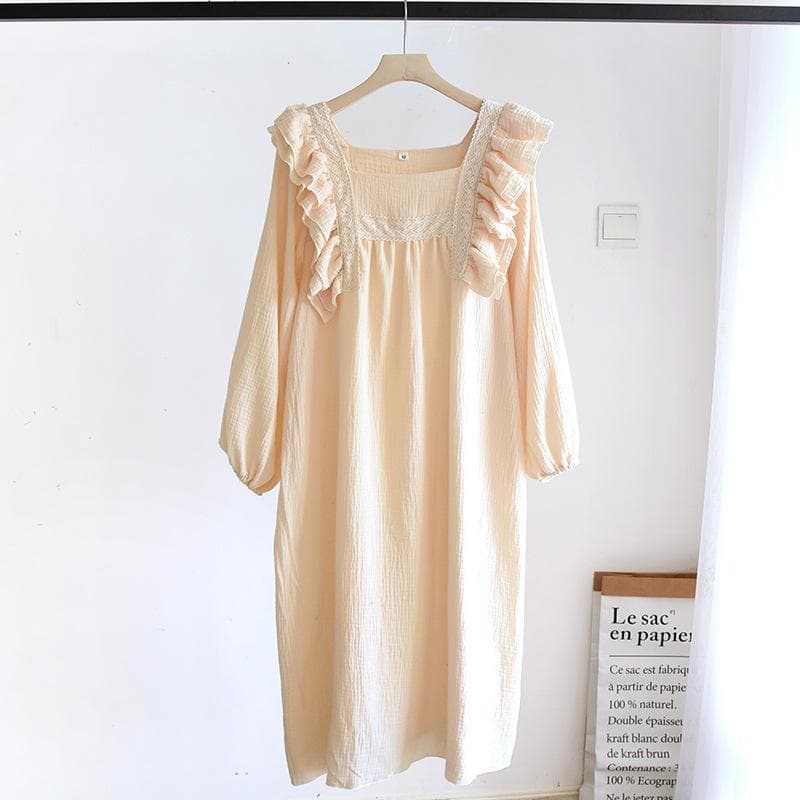Spring Summer New Ladies 100% Cotton Crepe Nightdress Thin Lotus Leaf Sleeves Square Neck Solid Color Long Dress Large Size XL