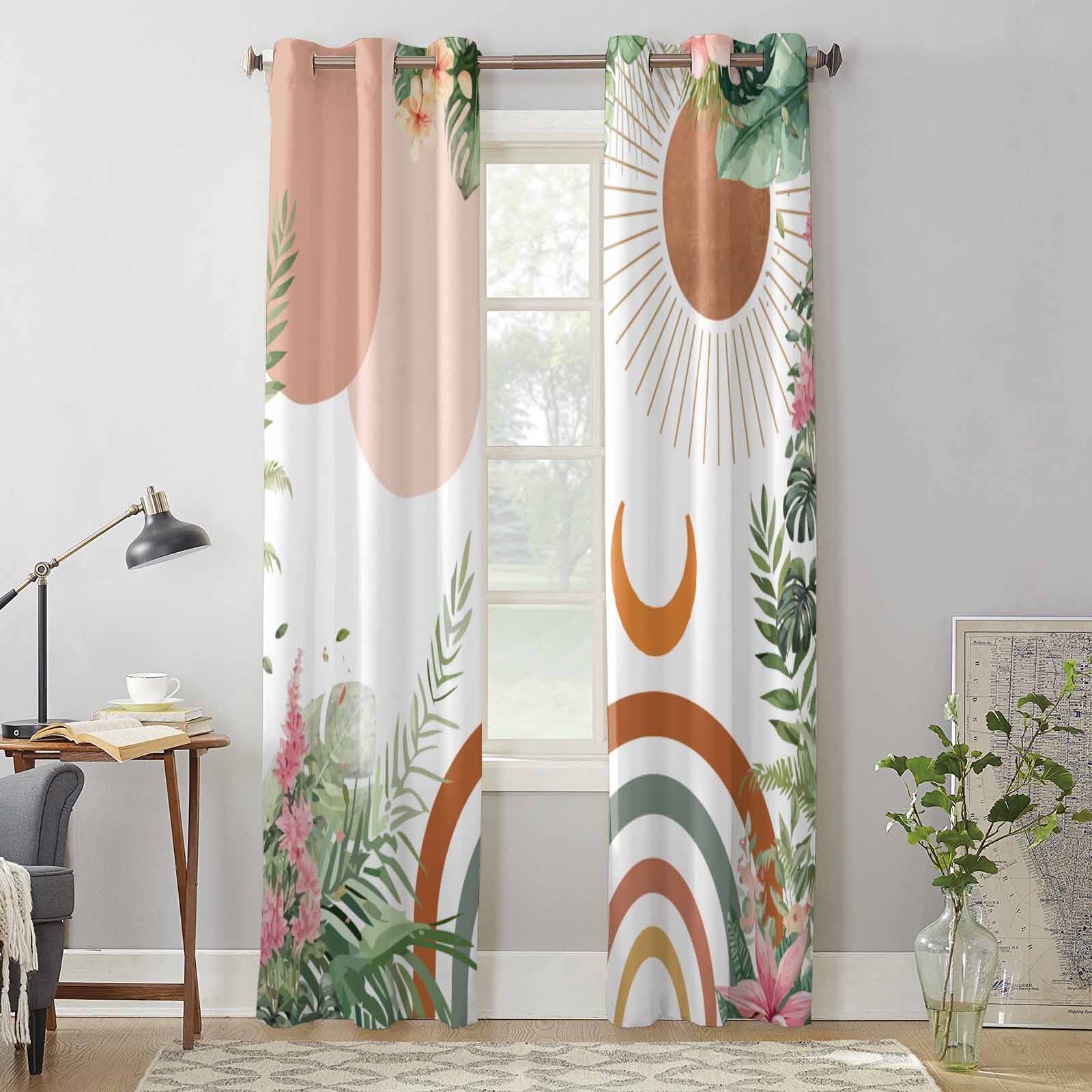 Boho Geometric Abstract Leaves Window Curtains for Living Room Luxury Bedroom Curtain Kitchen Blinds Drapes Curtains 135W x 60H(cm) x1